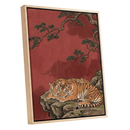 Crimson Tiger Repose, red, orange, black nature wall art shown as a oak framed canvas wall art