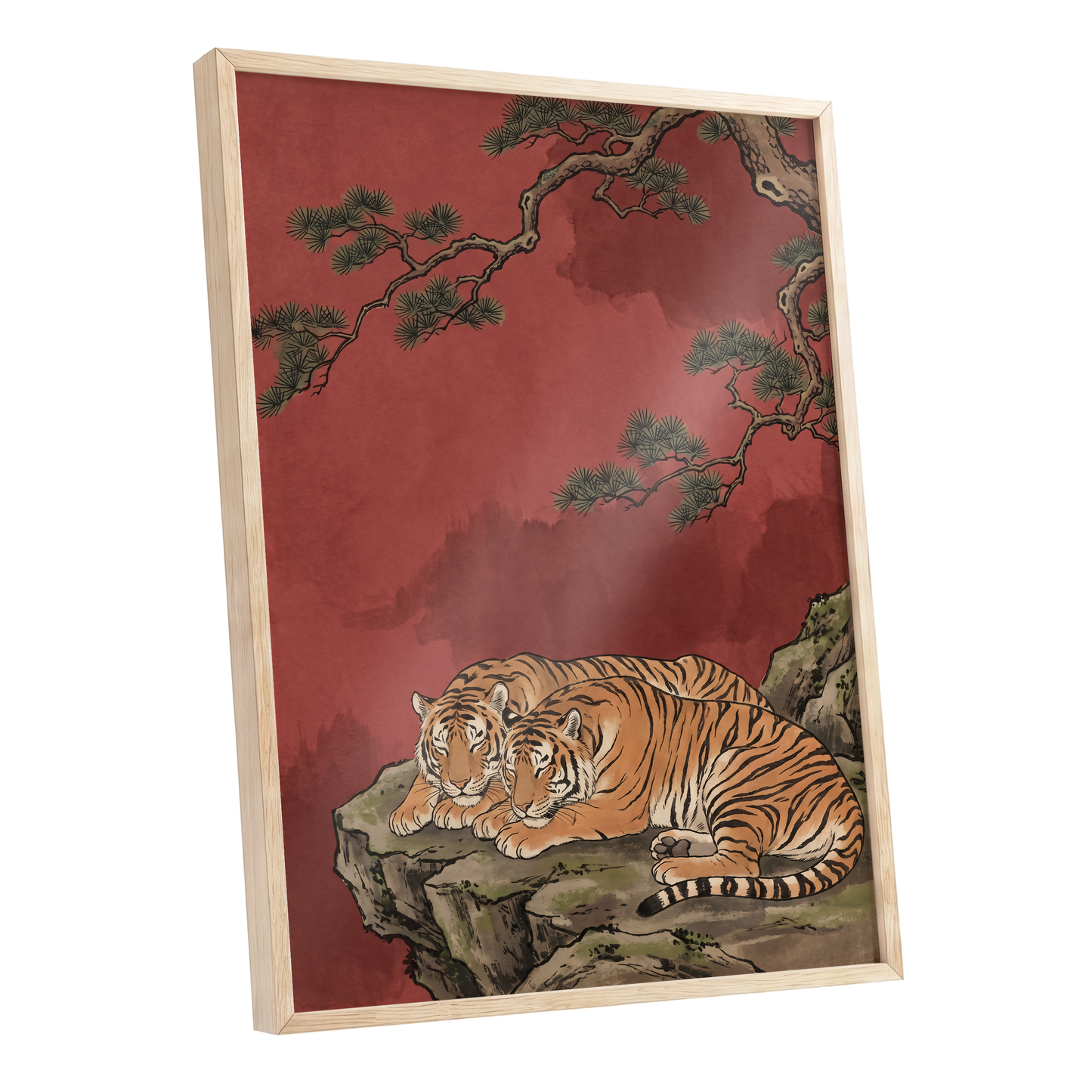 Crimson Tiger Repose, red, orange, black nature wall art shown as a oak framed poster wall art print