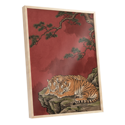 Crimson Tiger Repose, red, orange, black nature wall art shown as a oak framed poster wall art print