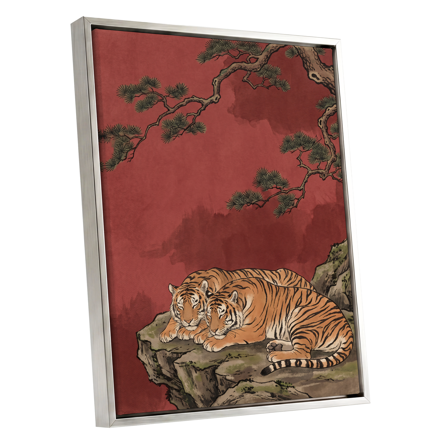 Crimson Tiger Repose, red, orange, black nature wall art shown as a silver framed canvas wall art
