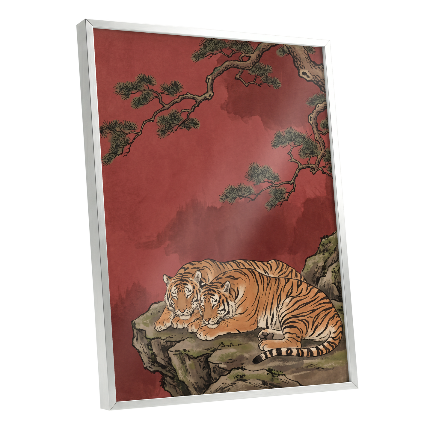 Crimson Tiger Repose, red, orange, black nature wall art shown as a silver framed poster wall art print