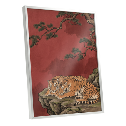 Crimson Tiger Repose, red, orange, black nature wall art shown as a silver framed poster wall art print