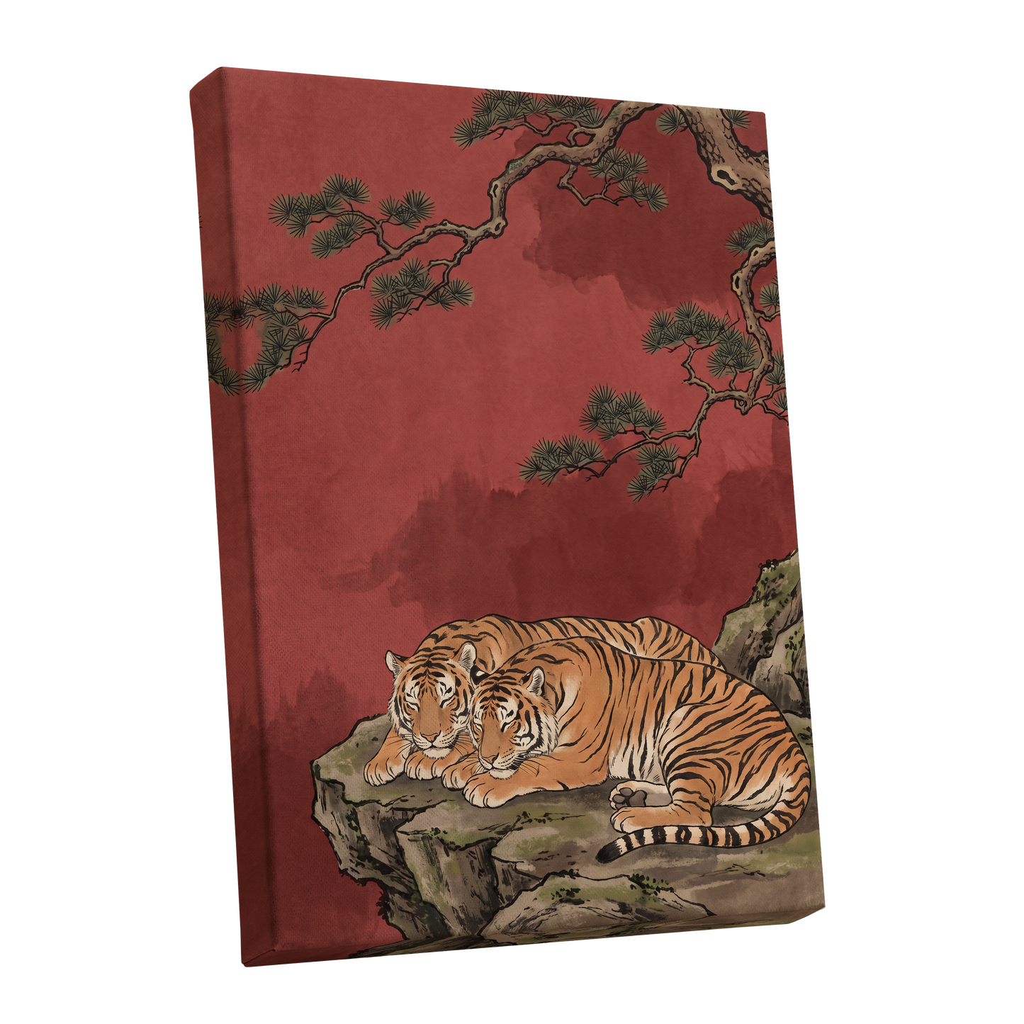 Crimson Tiger Repose, red, orange, black nature wall art shown as a stretched canvas wall art