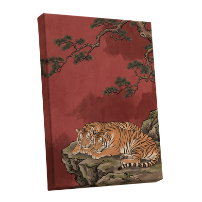 Crimson Tiger Repose, red, orange, black nature wall art shown as a stretched canvas wall art
