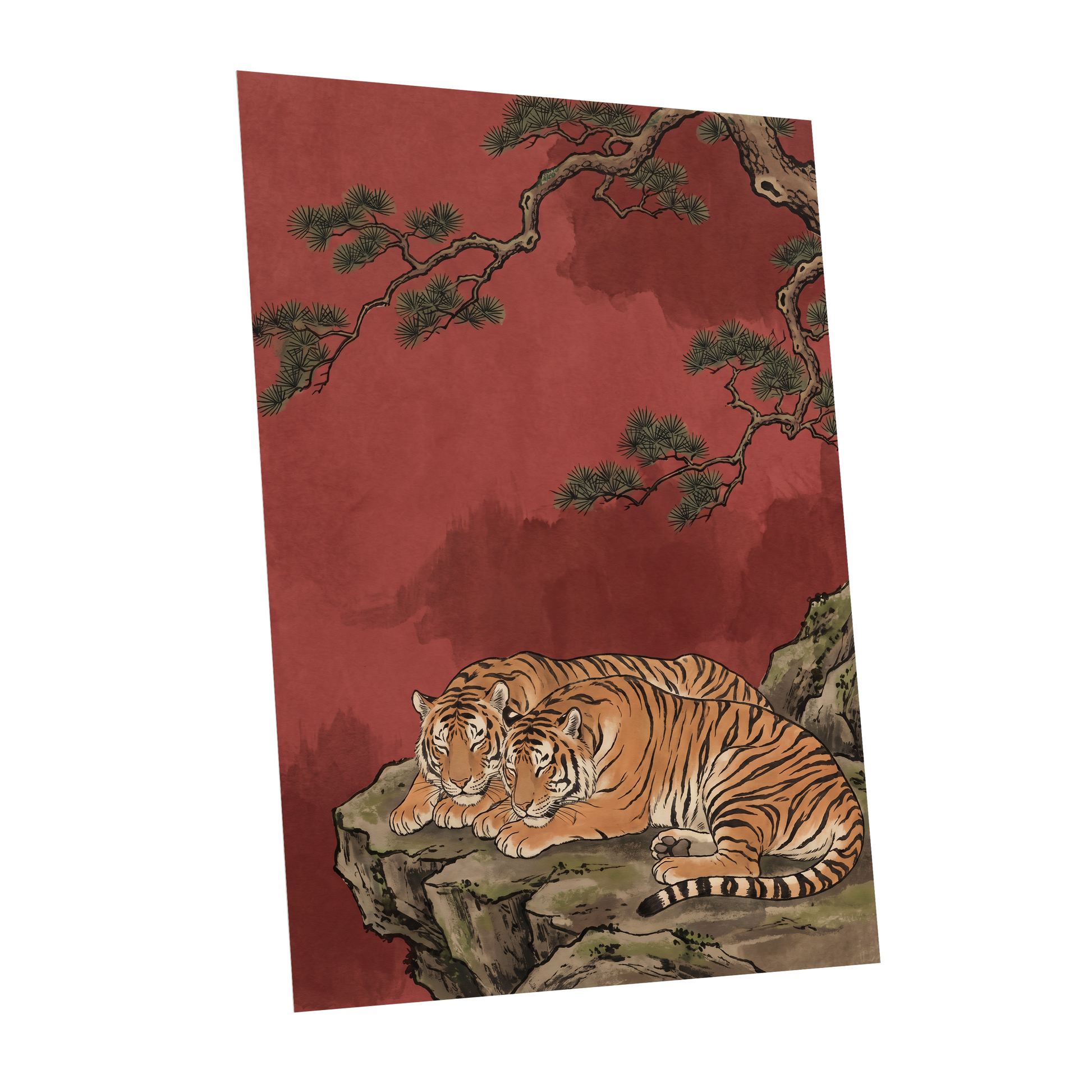 Crimson Tiger Repose, red, orange, black nature wall art shown as a unframed poster wall art print