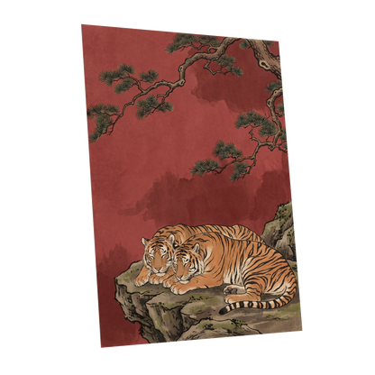 Crimson Tiger Repose, red, orange, black nature wall art shown as a unframed poster wall art print