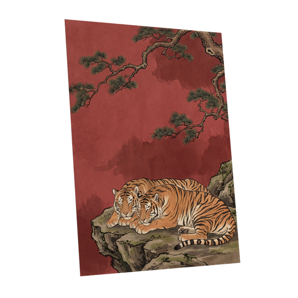 Crimson Tiger Repose, red, orange, black nature wall art shown as a unframed poster wall art print