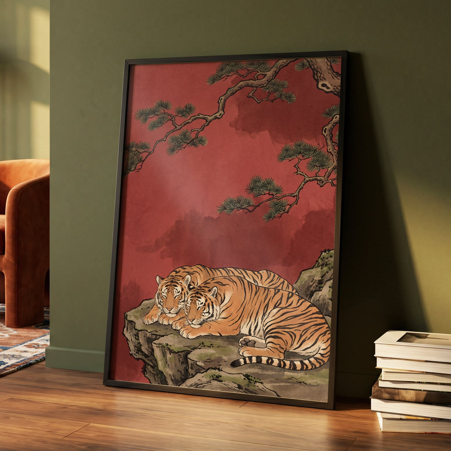 Crimson Tiger Repose, red, orange, black nature wall art displayed in a styled interior, gallery view 2