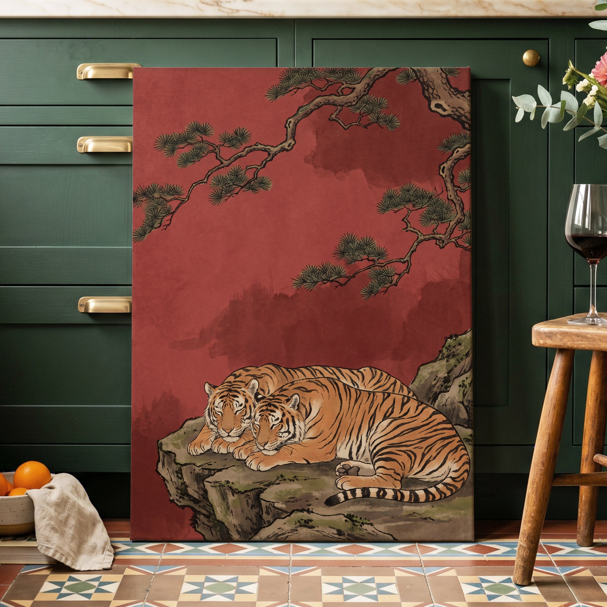 Crimson Tiger Repose, red, orange, black nature wall art displayed in a styled interior, gallery view 3