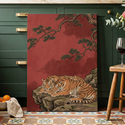 Crimson Tiger Repose, red, orange, black nature wall art displayed in a styled interior, gallery view 3