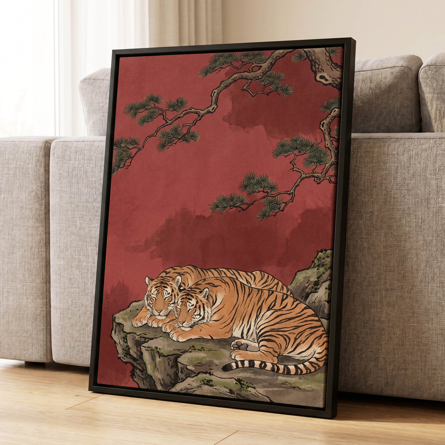 Crimson Tiger Repose, red, orange, black nature wall art displayed in a styled interior, gallery view 4