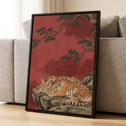 Crimson Tiger Repose, red, orange, black nature wall art displayed in a styled interior, gallery view 4