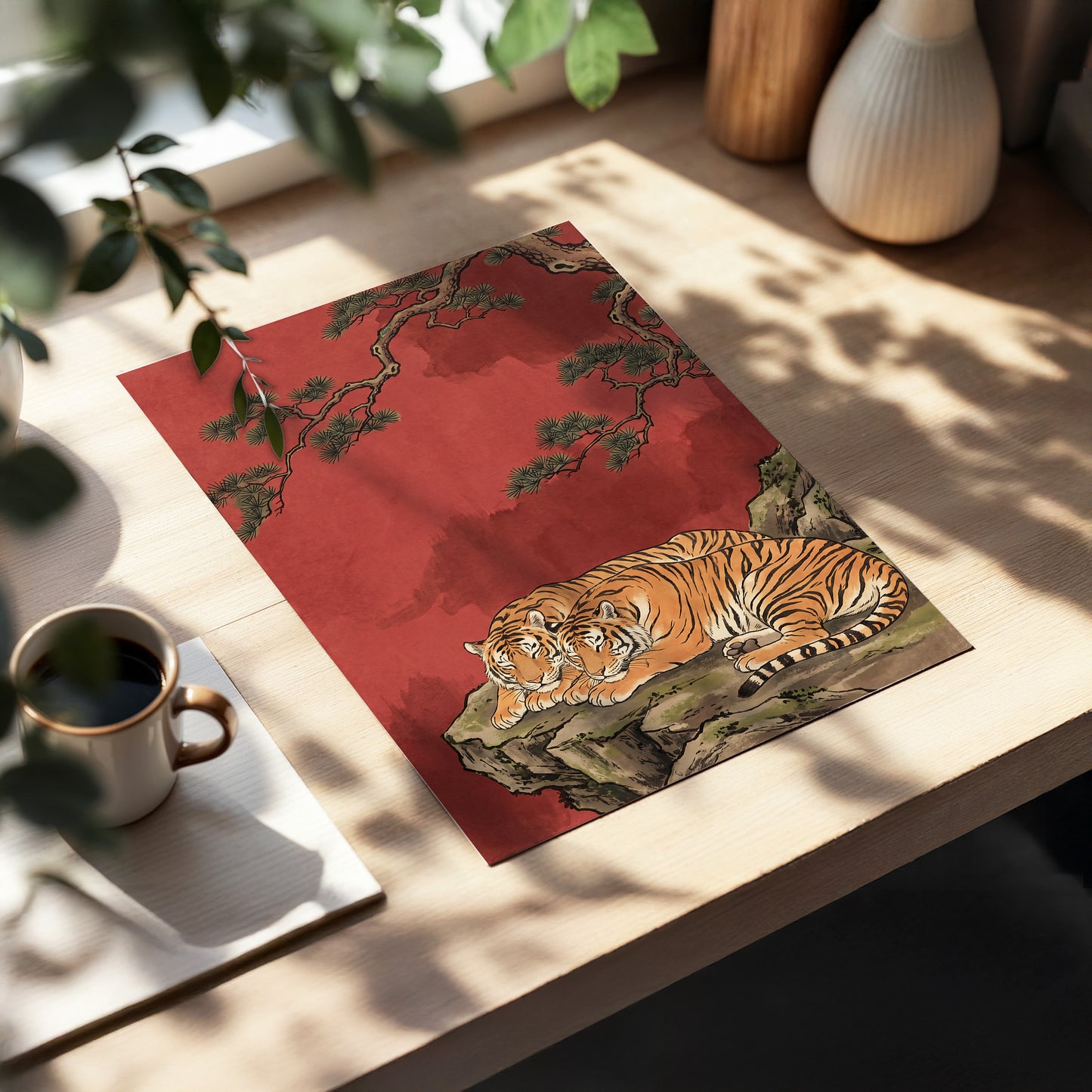 Crimson Tiger Repose, red, orange, black nature wall art displayed in a styled interior, gallery view 5