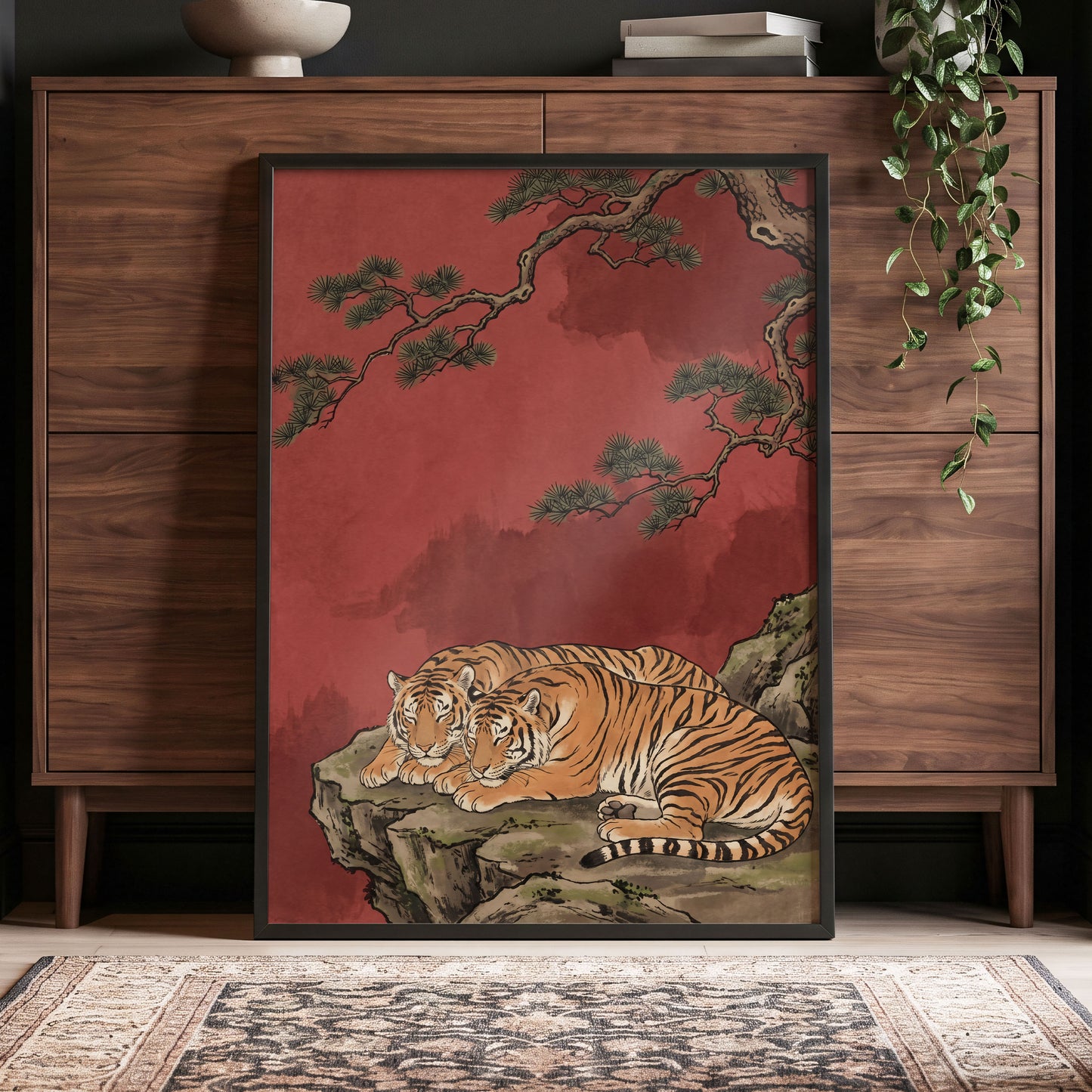 Crimson Tiger Repose, red, orange, black nature wall art displayed in a styled interior, gallery view 6