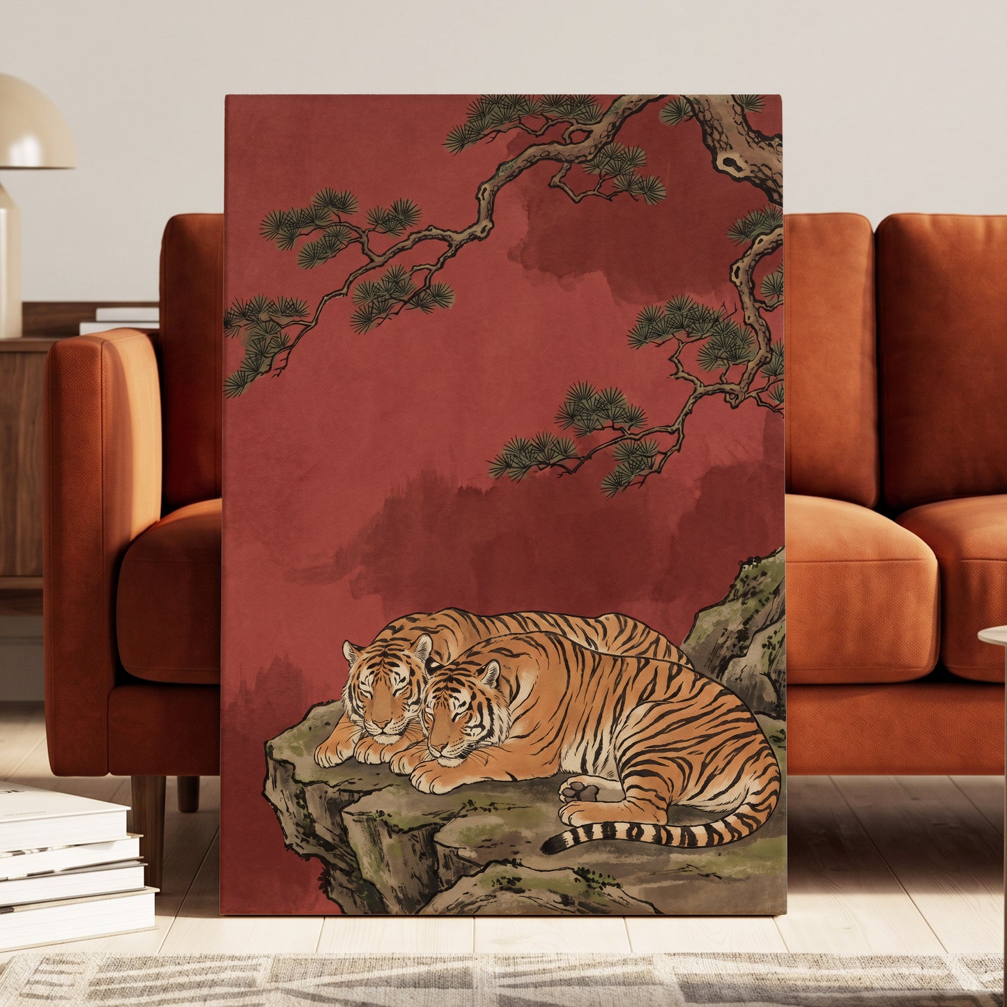 Crimson Tiger Repose, red, orange, black nature wall art displayed in a styled interior, gallery view 7