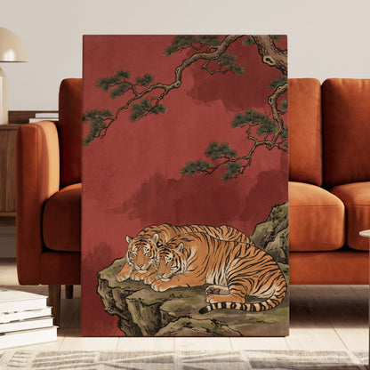 Crimson Tiger Repose, red, orange, black nature wall art displayed in a styled interior, gallery view 7