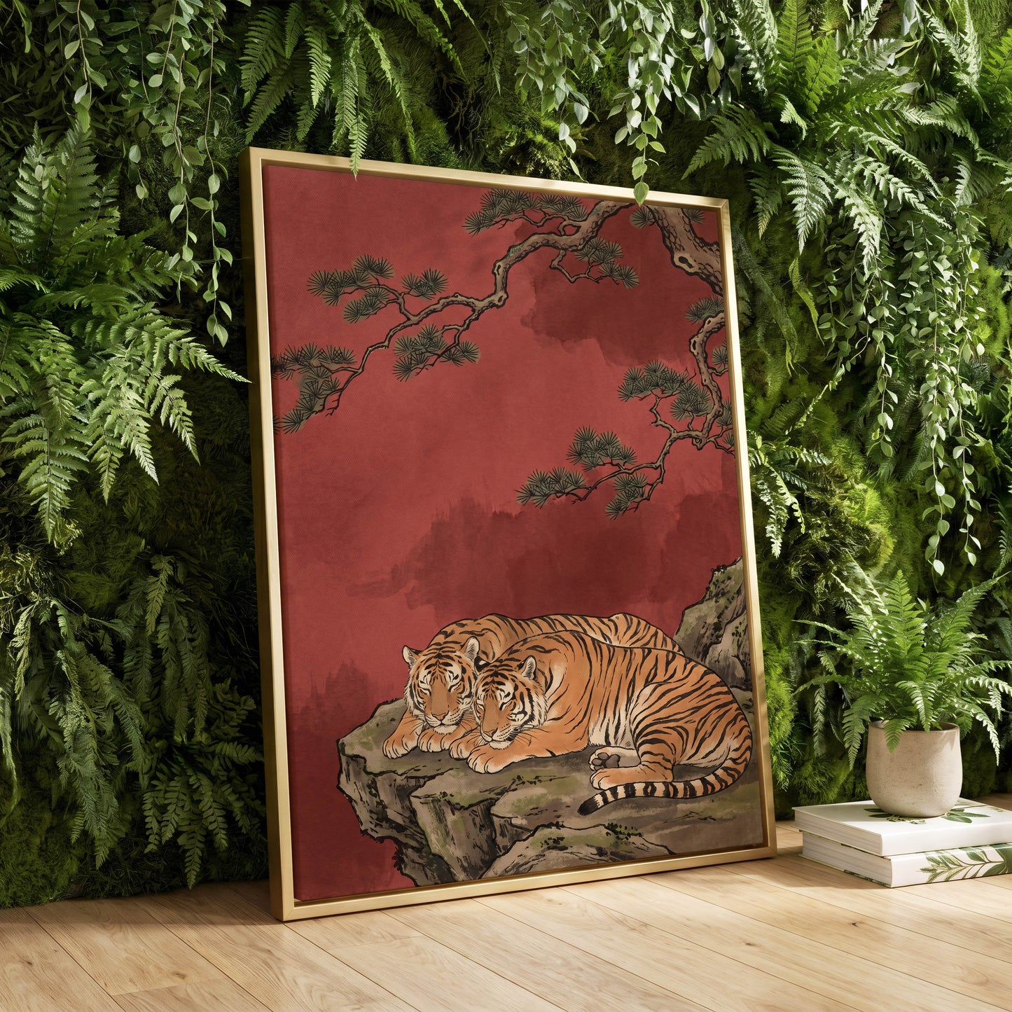 Crimson Tiger Repose, red, orange, black nature wall art displayed in a styled interior, gallery view 8