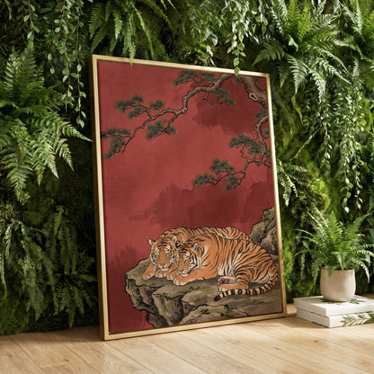 Crimson Tiger Repose, red, orange, black nature wall art displayed in a styled interior, gallery view 8