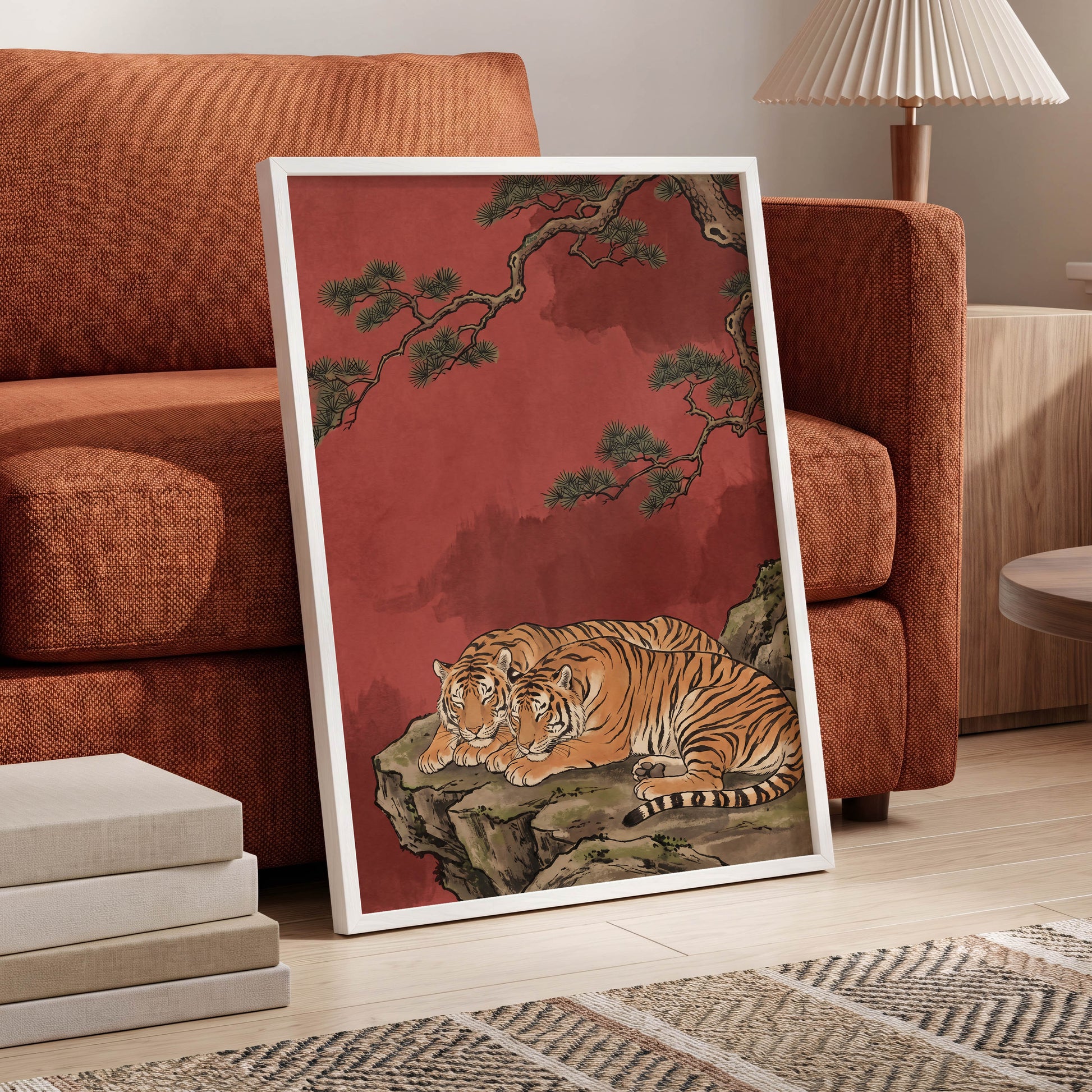 Crimson Tiger Repose, red, orange, black nature wall art displayed in a styled interior, gallery view 9