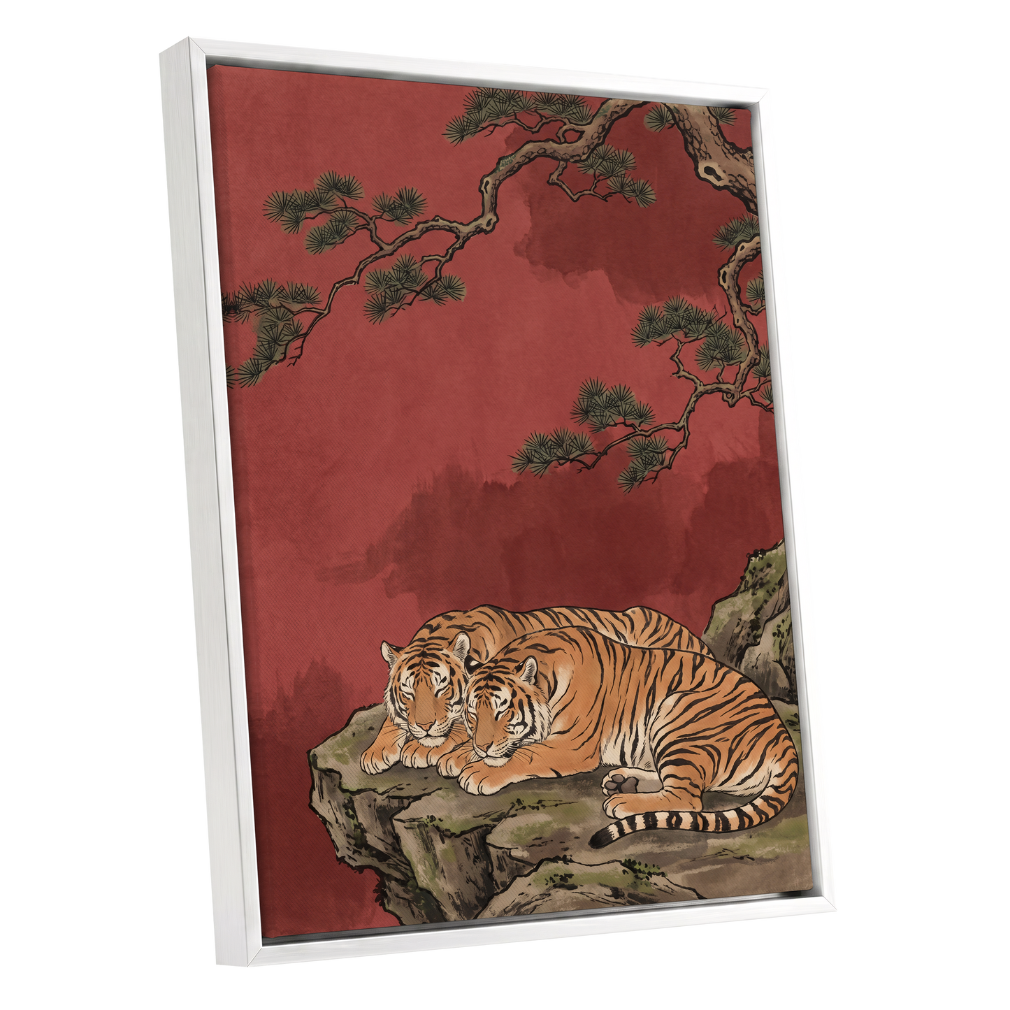 Crimson Tiger Repose, red, orange, black nature wall art shown as a white framed canvas wall art