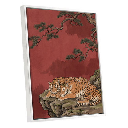 Crimson Tiger Repose, red, orange, black nature wall art shown as a white framed canvas wall art