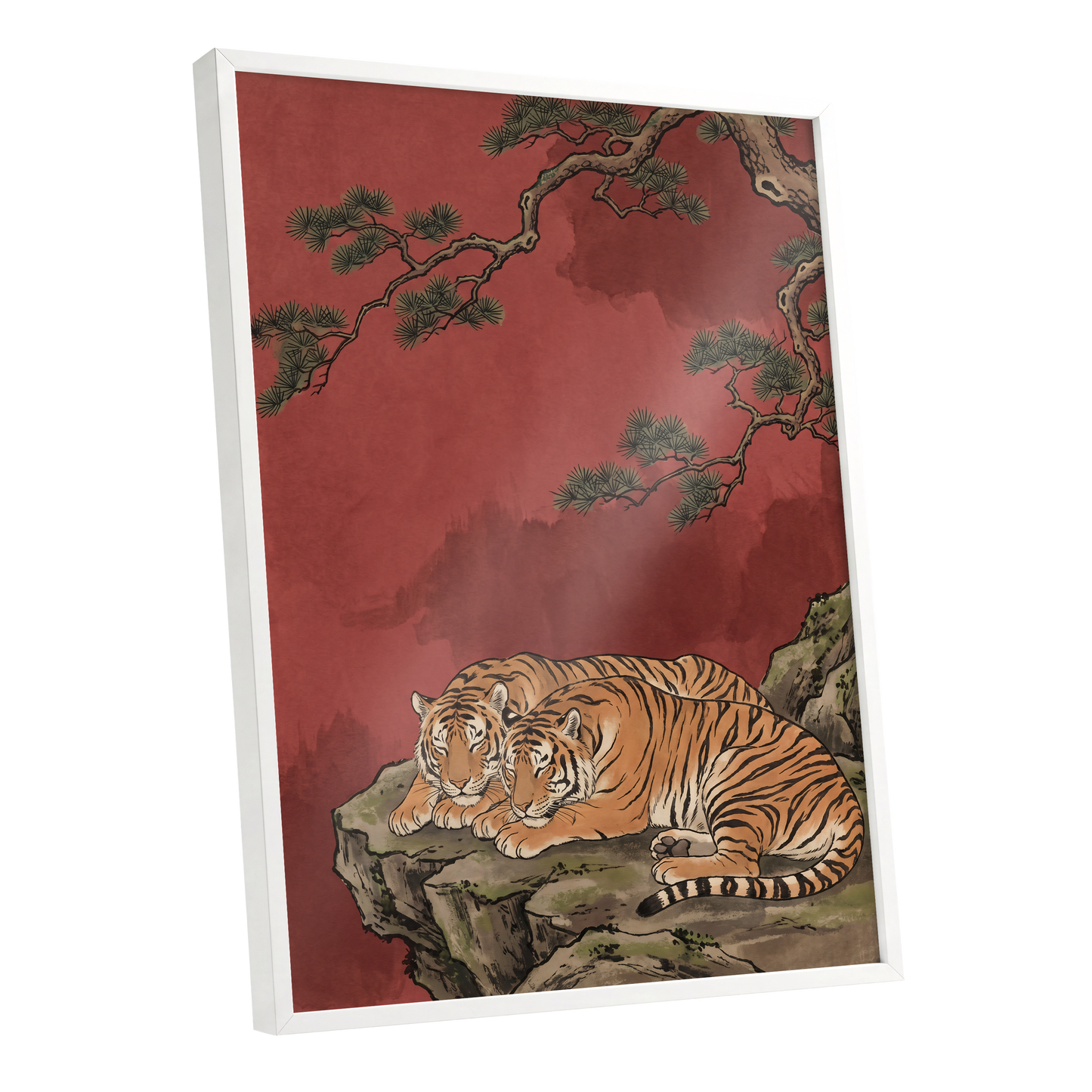 Crimson Tiger Repose, red, orange, black nature wall art shown as a white framed poster wall art print