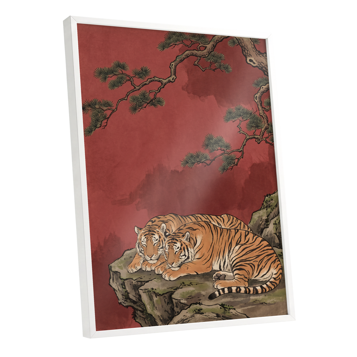 Crimson Tiger Repose, red, orange, black nature wall art shown as a white framed poster wall art print