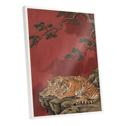 Crimson Tiger Repose, red, orange, black nature wall art shown as a white framed poster wall art print
