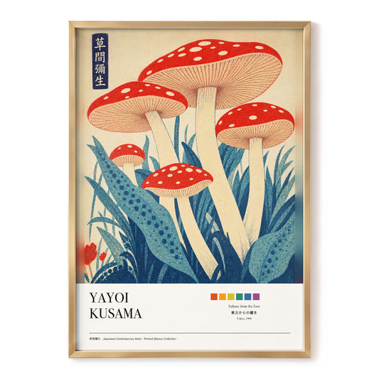 Crimson Toadstool Garden, red, blue, beige nature wall art, front artwork view