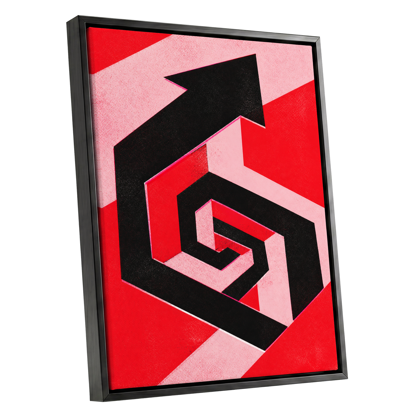 Crimson Vector, black, red, pink abstract wall art shown as a black framed canvas wall art