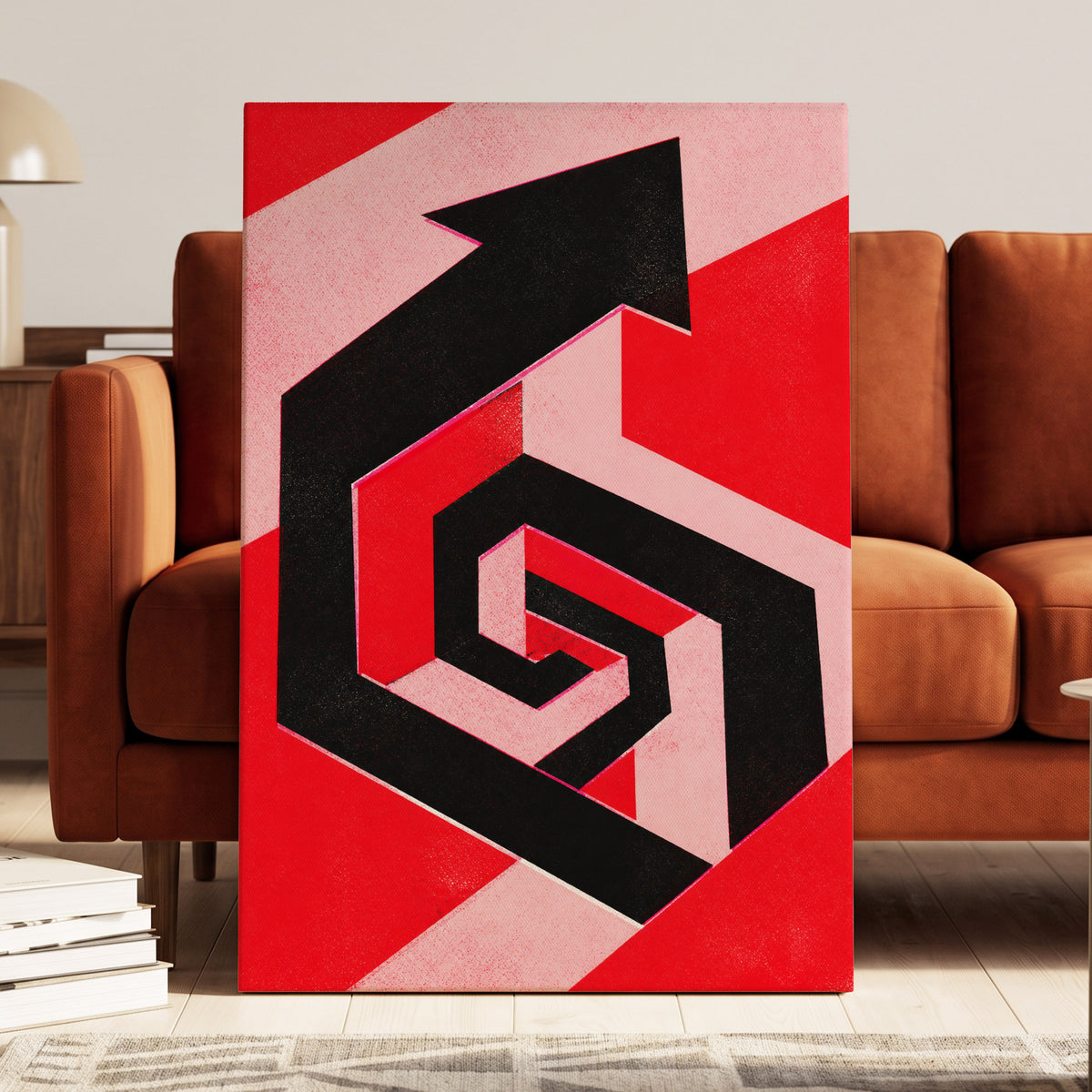 Crimson Vector, black, red, pink abstract wall art on canvas displayed in a styled interior, gallery view 1