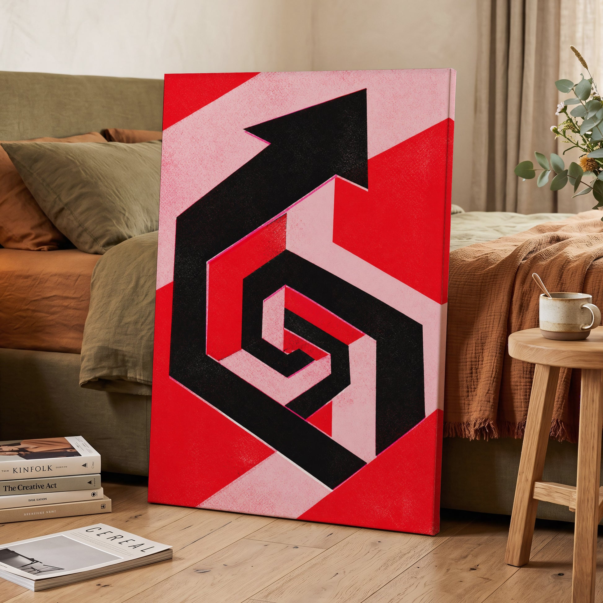 Crimson Vector, black, red, pink abstract wall art on canvas displayed in a styled interior, gallery view 2