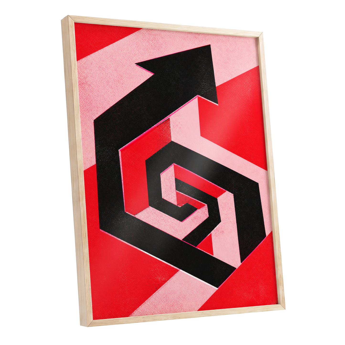 Crimson Vector, black, red, pink abstract wall art shown as a oak framed poster wall art print