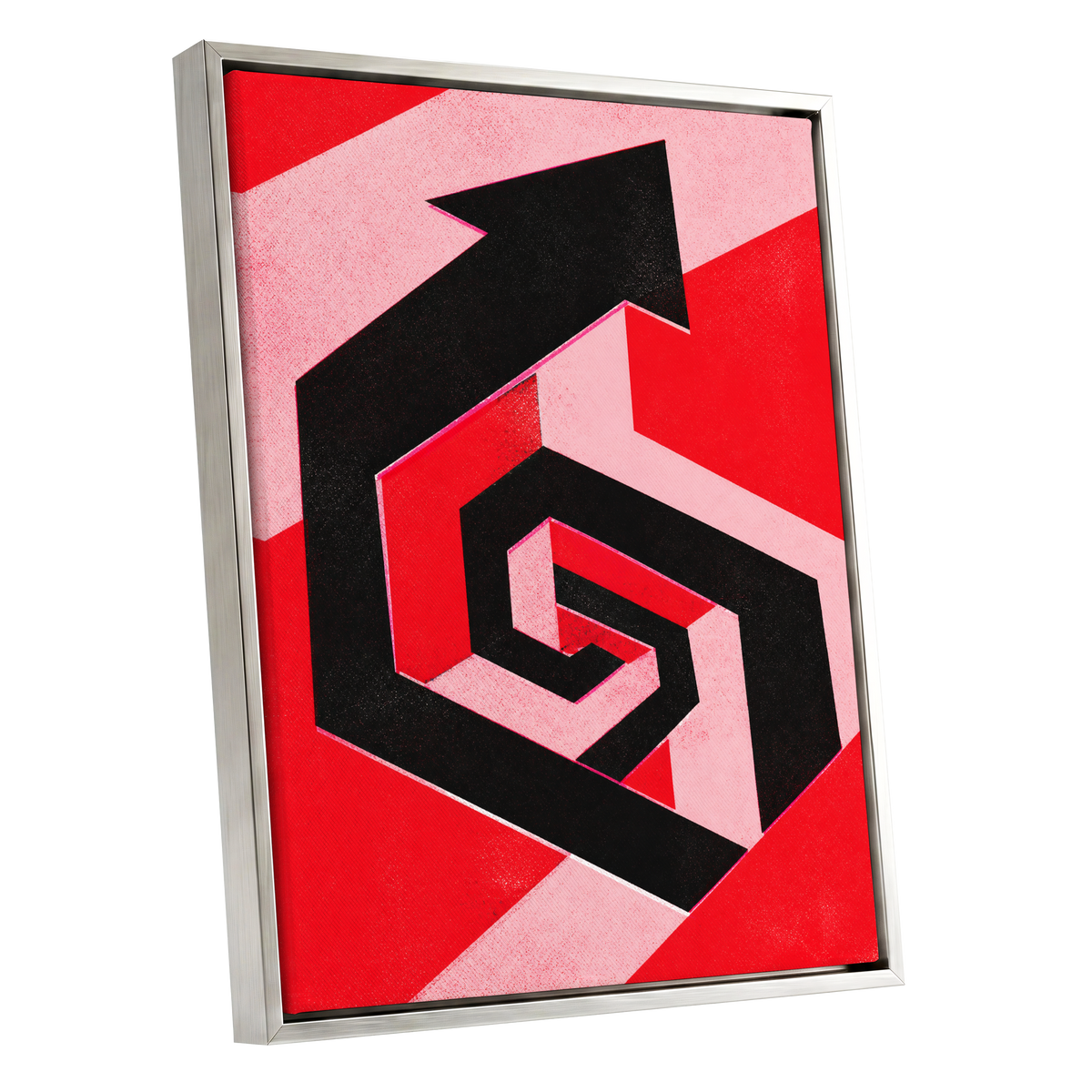 Crimson Vector, black, red, pink abstract wall art shown as a silver framed canvas wall art