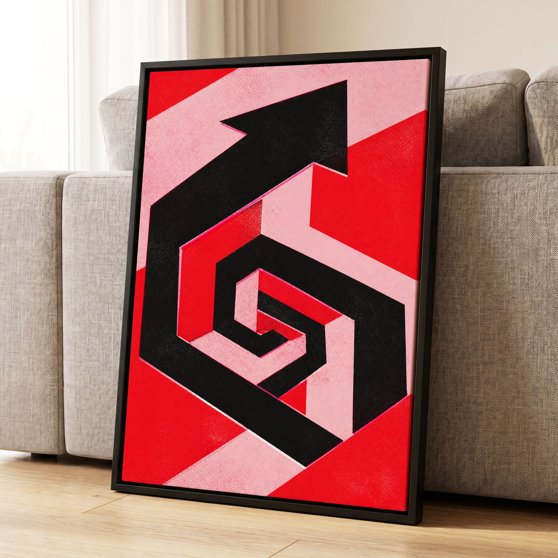 Crimson Vector, black, red, pink abstract wall art displayed in a styled interior, gallery view 1