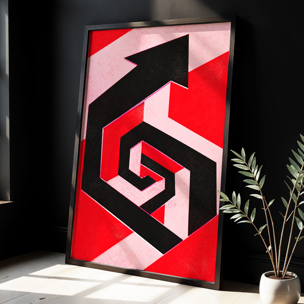 Crimson Vector, black, red, pink abstract wall art displayed in a styled interior, gallery view 3