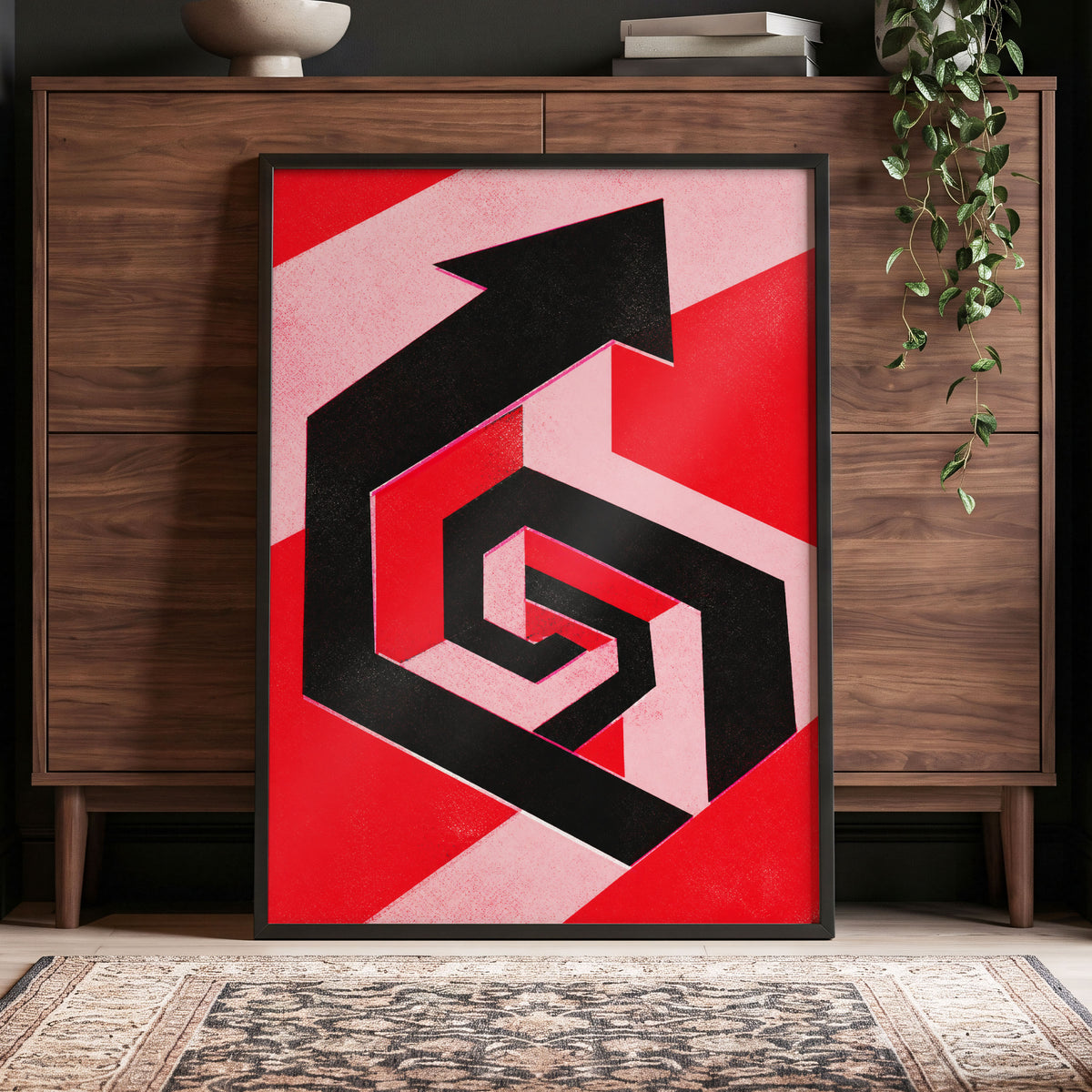Crimson Vector, black, red, pink abstract wall art displayed in a styled interior, gallery view 5