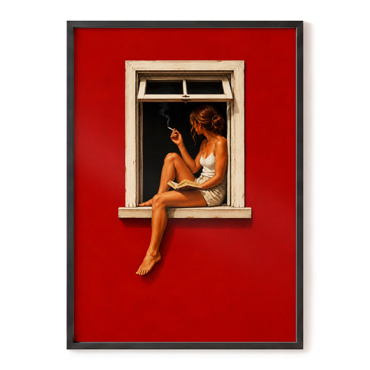 Crimson Window, red, black, beige minimalist wall art, front artwork view