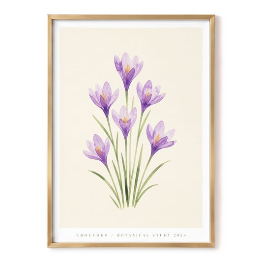 Crocus Reverie, purple, green, beige floral wall art, front artwork view