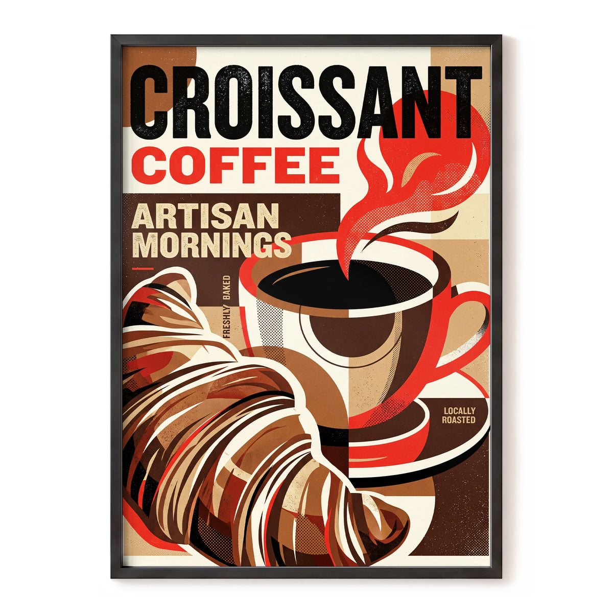 Croissant Coffee Morning, black, brown, red abstract wall art, front artwork view
