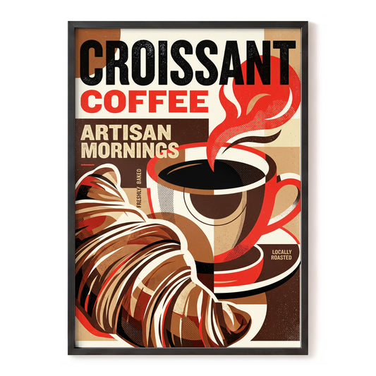 Croissant Coffee Morning, black, brown, red abstract wall art, front artwork view