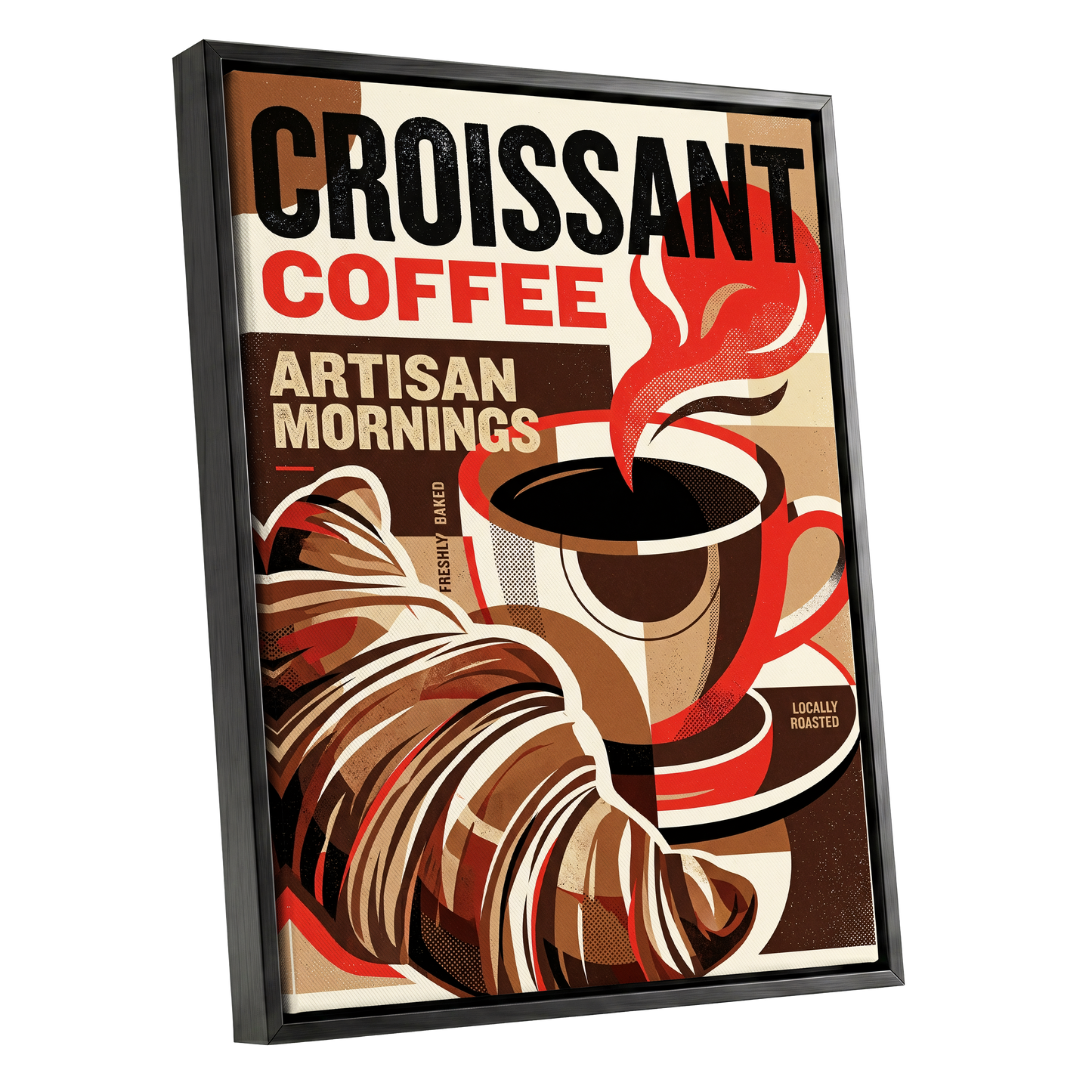 Croissant Coffee Morning, black, brown, red abstract wall art shown as a black framed canvas wall art