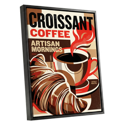Croissant Coffee Morning, black, brown, red abstract wall art shown as a black framed canvas wall art