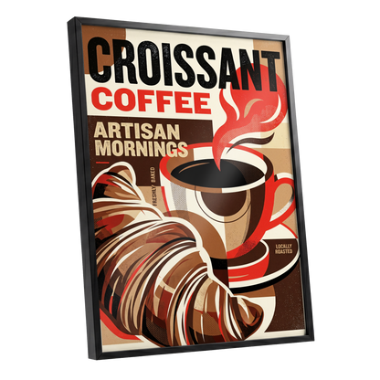 Croissant Coffee Morning, black, brown, red abstract wall art shown as a black framed poster wall art print