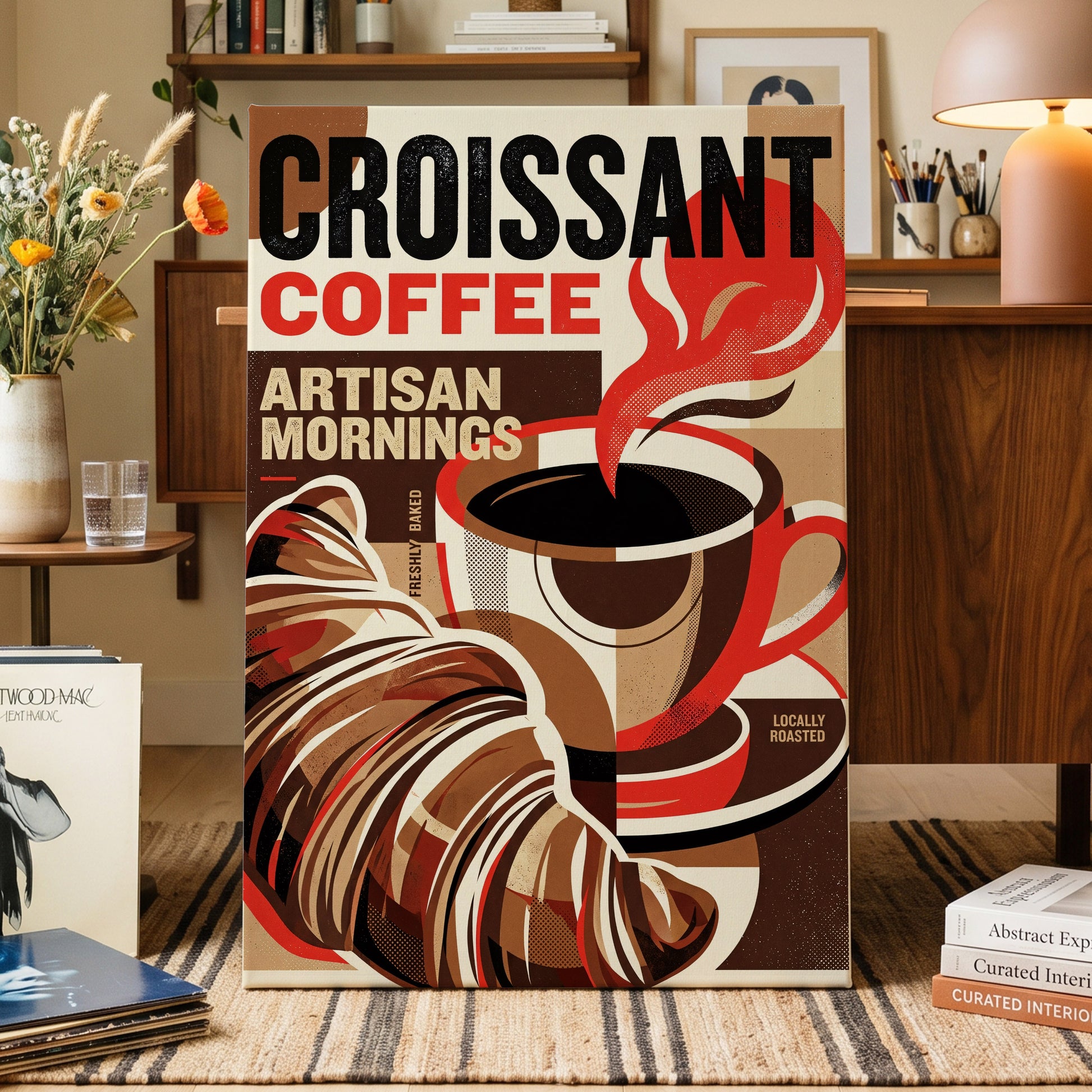 Croissant Coffee Morning, black, brown, red abstract wall art on canvas displayed in a styled interior, gallery view 1