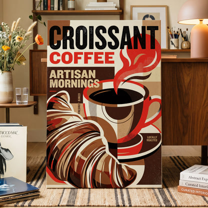Croissant Coffee Morning, black, brown, red abstract wall art on canvas displayed in a styled interior, gallery view 1