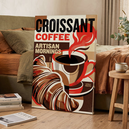 Croissant Coffee Morning, black, brown, red abstract wall art on canvas displayed in a styled interior, gallery view 2