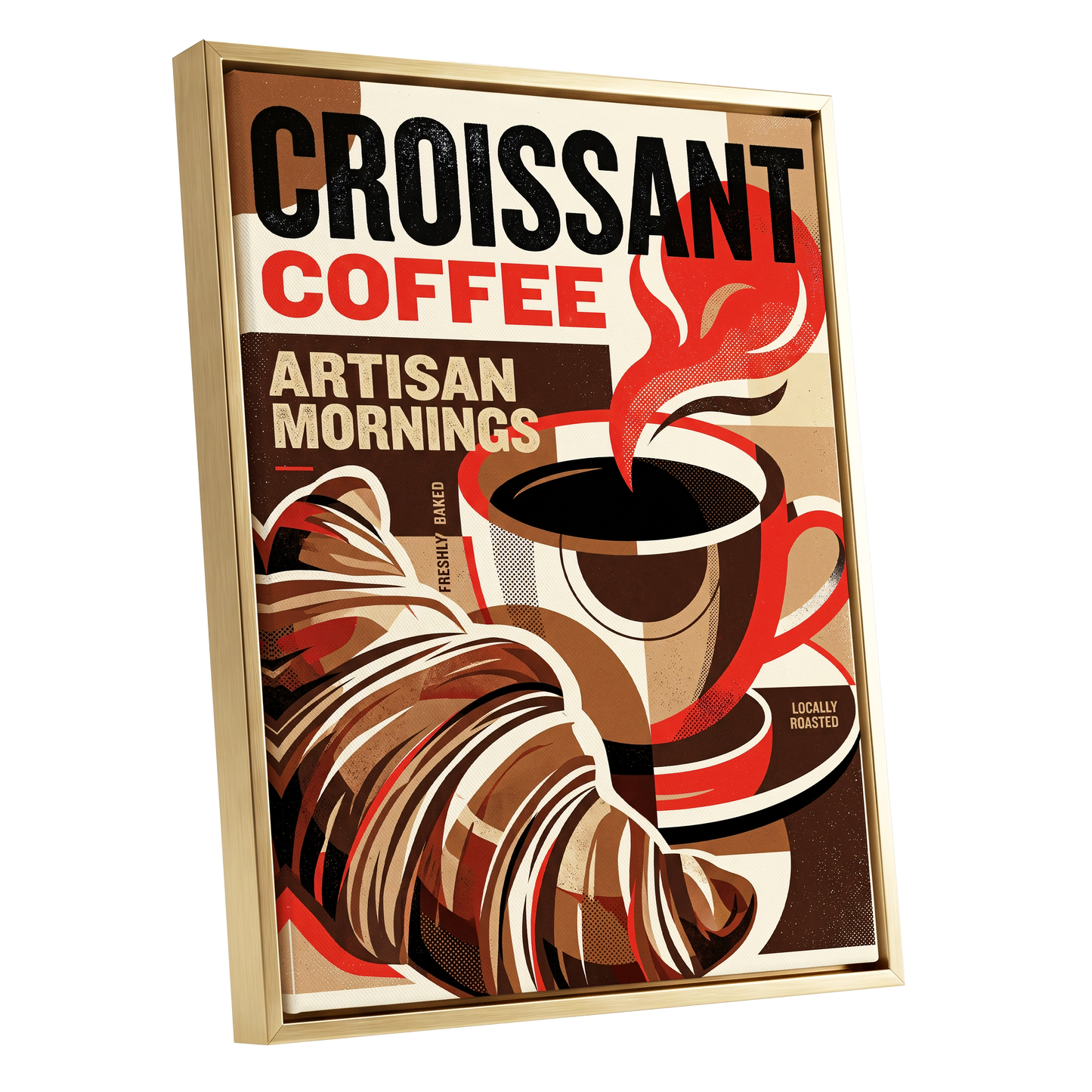 Croissant Coffee Morning, black, brown, red abstract wall art shown as a gold framed canvas wall art