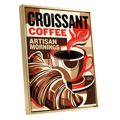 Croissant Coffee Morning, black, brown, red abstract wall art shown as a gold framed canvas wall art