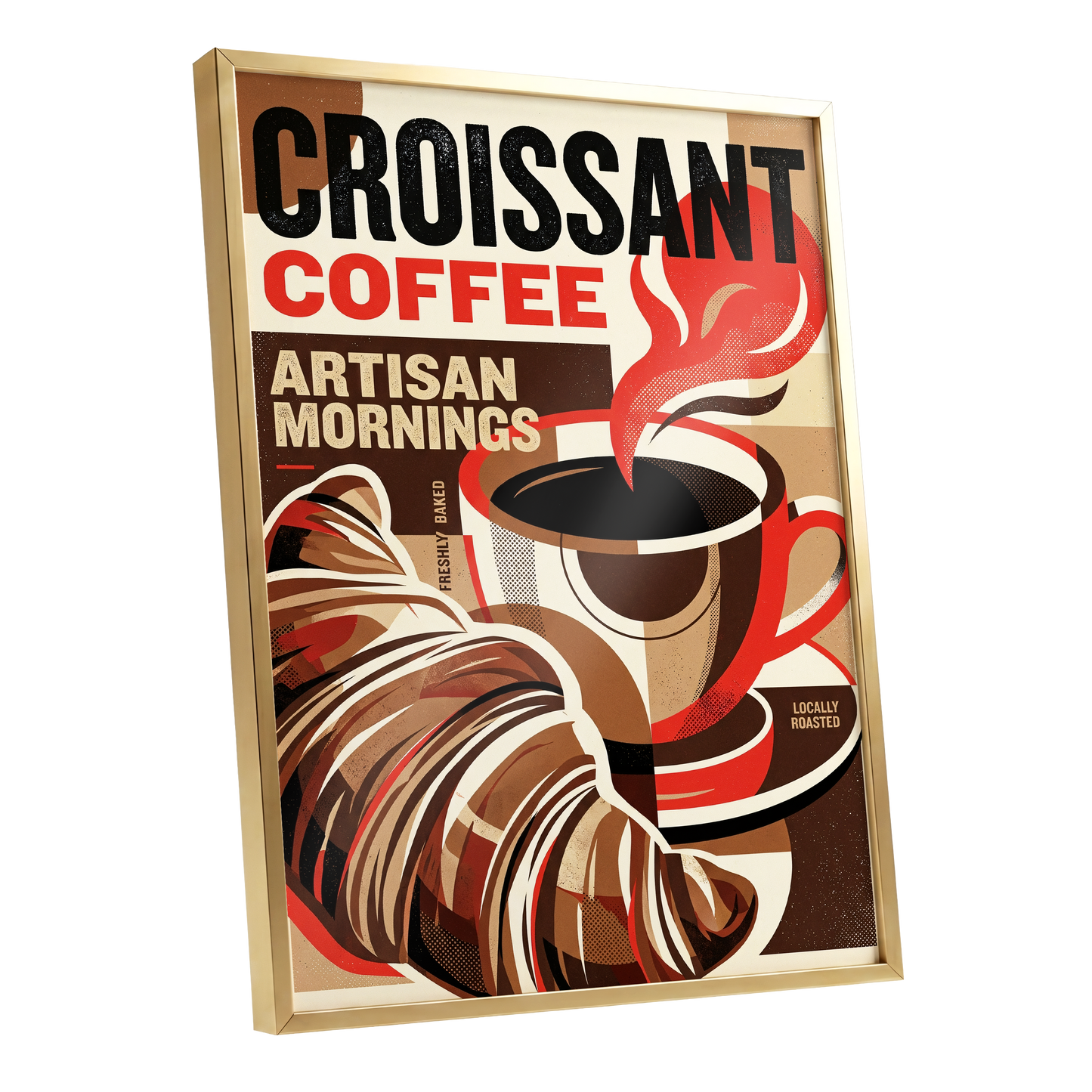 Croissant Coffee Morning, black, brown, red abstract wall art shown as a gold framed poster wall art print